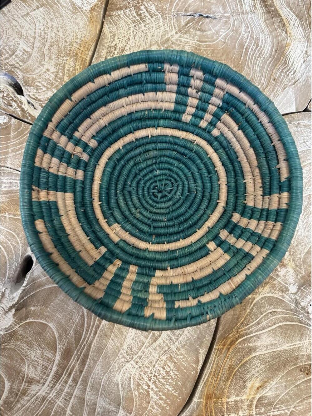 Vintage Handwoven Coiled Basket Bowl Turquoise Natural Fiber Tribal 8 Inch